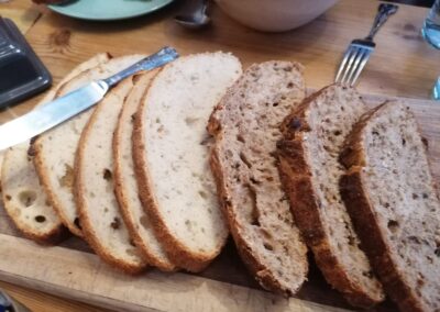 Bread on wooden cutting board