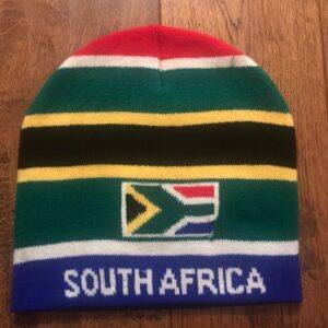 Wool beanie knitted with different colors of the South African flag